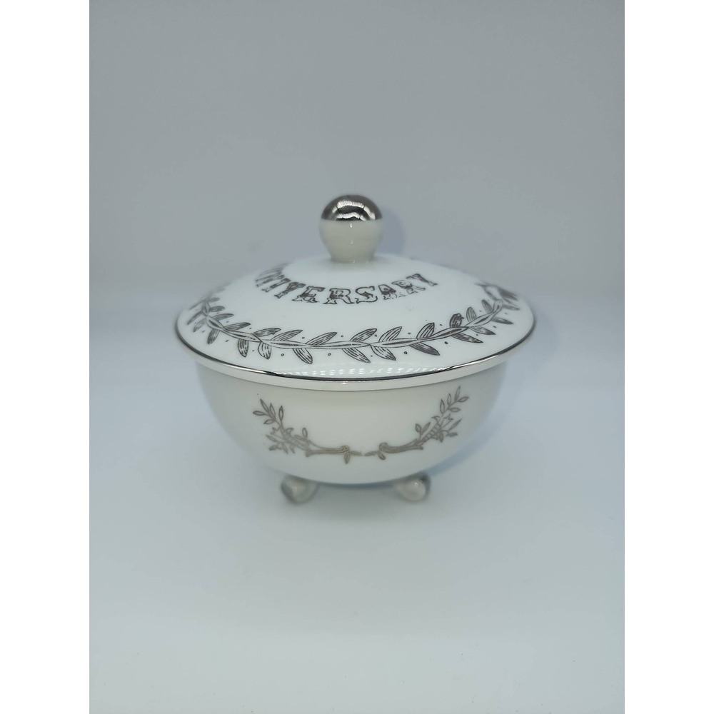 Lefton China 25th Anniversary Footed Trinket Box Lid Silver White Porcelain 2604
